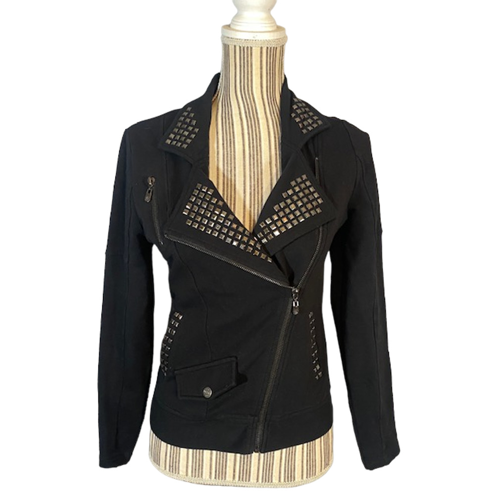 BCBGMaxAzria Black Moto Jacket Women Embellished Logo Full Zip Long Sleeve Sz MP
